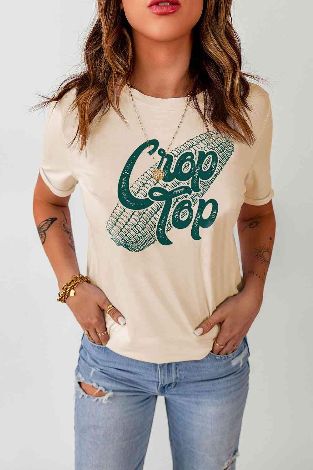 Corn Letter Graphic Cuffed Tee Women's T-Shirts - Tophatter Daily Deals