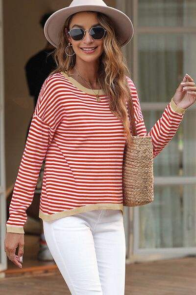 Striped Round Neck Drop Shoulder T-Shirt Blouses - Tophatter Daily Deals