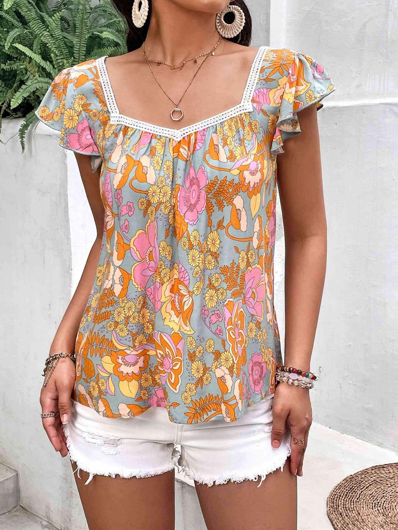 Floral Square Neck Flutter Sleeve Blouse Sherbet Blouses - Tophatter Daily Deals