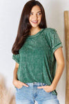 Zenana Washed Ribbed Short Sleeve T-Shirt Dark Green Blouses - Tophatter Daily Deals
