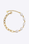 Half Pearl Half Chain Stainless Steel Bracelet Gold One Size Bracelets - Tophatter Daily Deals