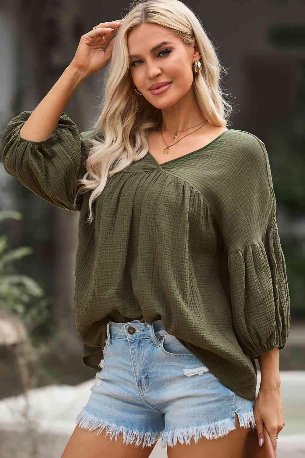 Dropped Shoulder V-Neck Blouse Blouses - Tophatter Daily Deals