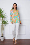 Printed Notched Long Sleeve Blouse Blouses - Tophatter Daily Deals