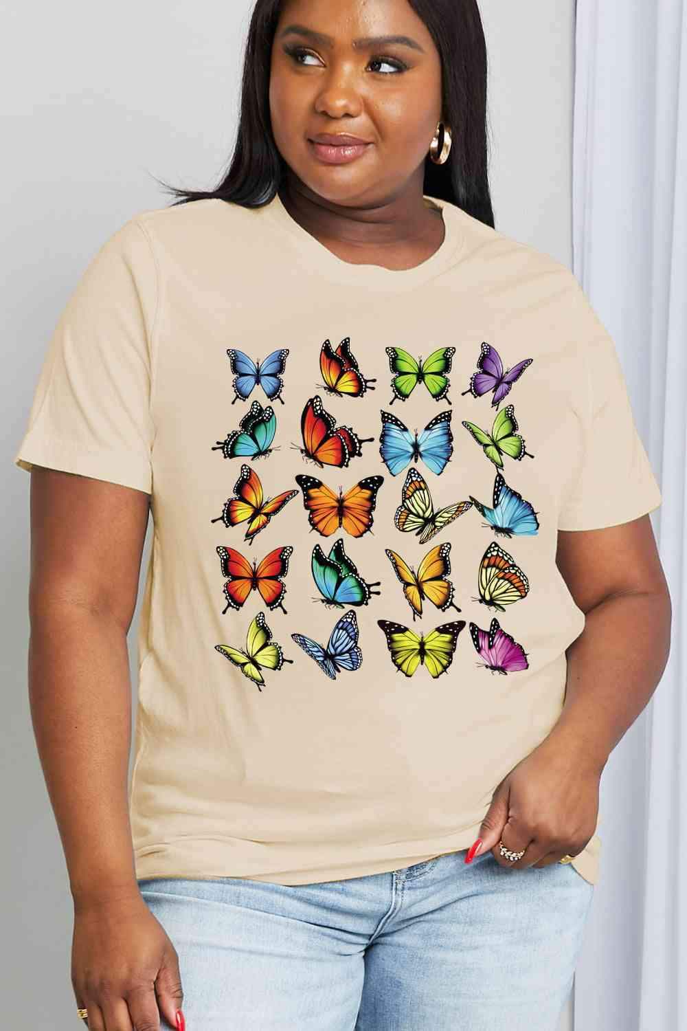 Simply Love Full Size Butterfly Graphic Cotton Tee Taupe Women's T-Shirts - Tophatter Daily Deals