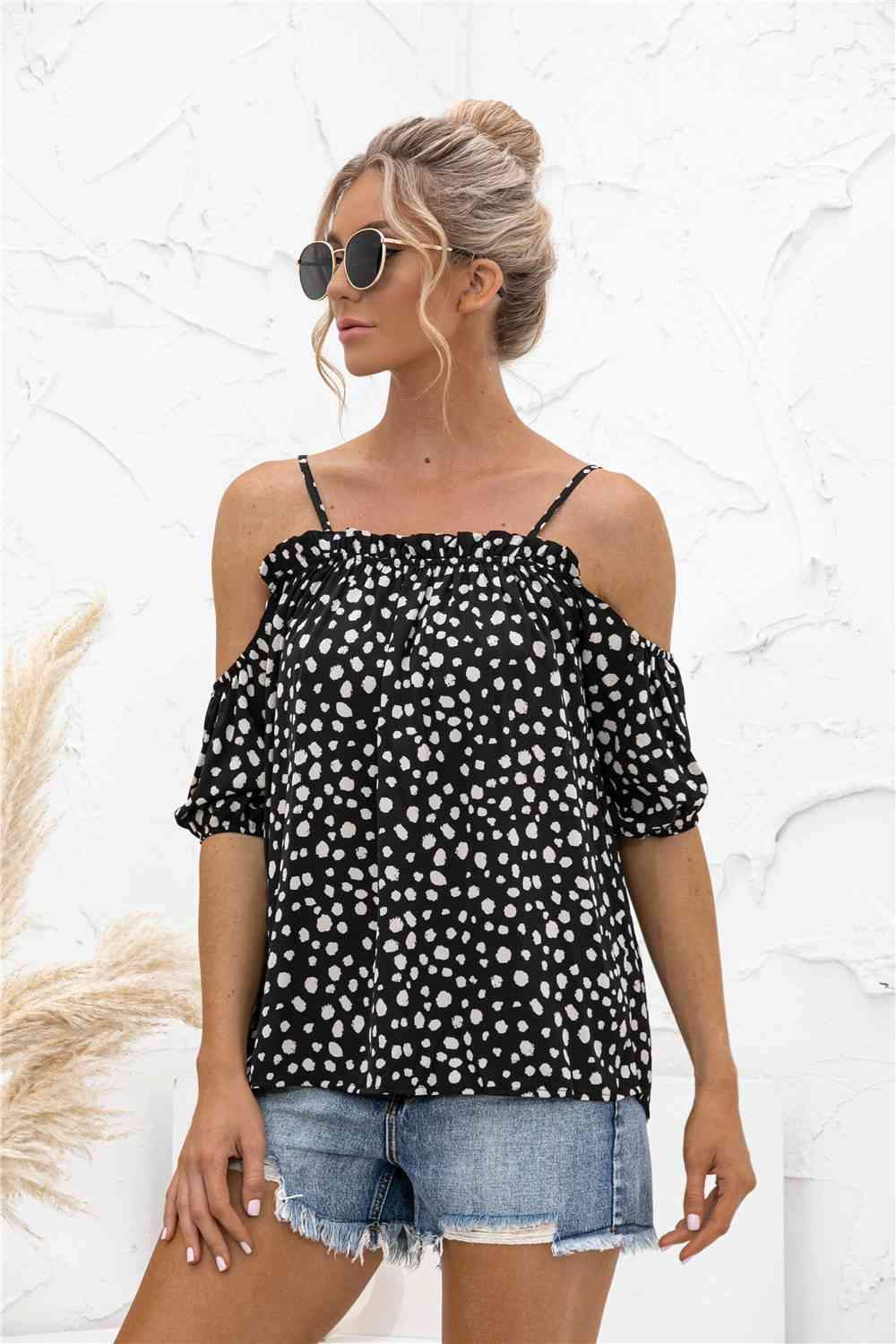 Printed Cold-Shoulder Frill Trim Blouse Blouses - Tophatter Daily Deals