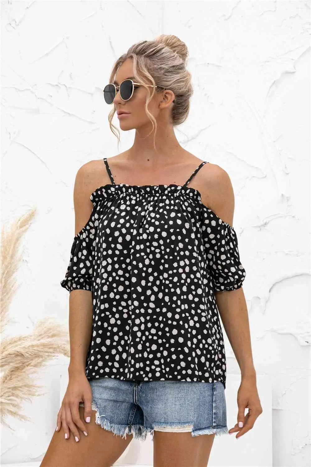 Printed Cold-Shoulder Frill Trim Blouse Blouses - Tophatter Daily Deals