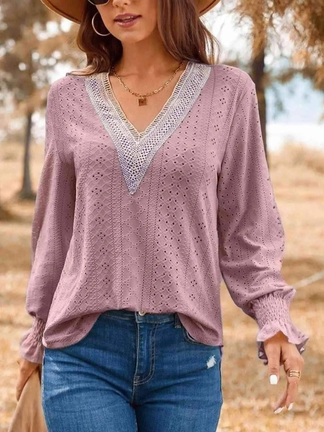Eyelet V-Neck Flounce Sleeve Top Blouses - Tophatter Daily Deals