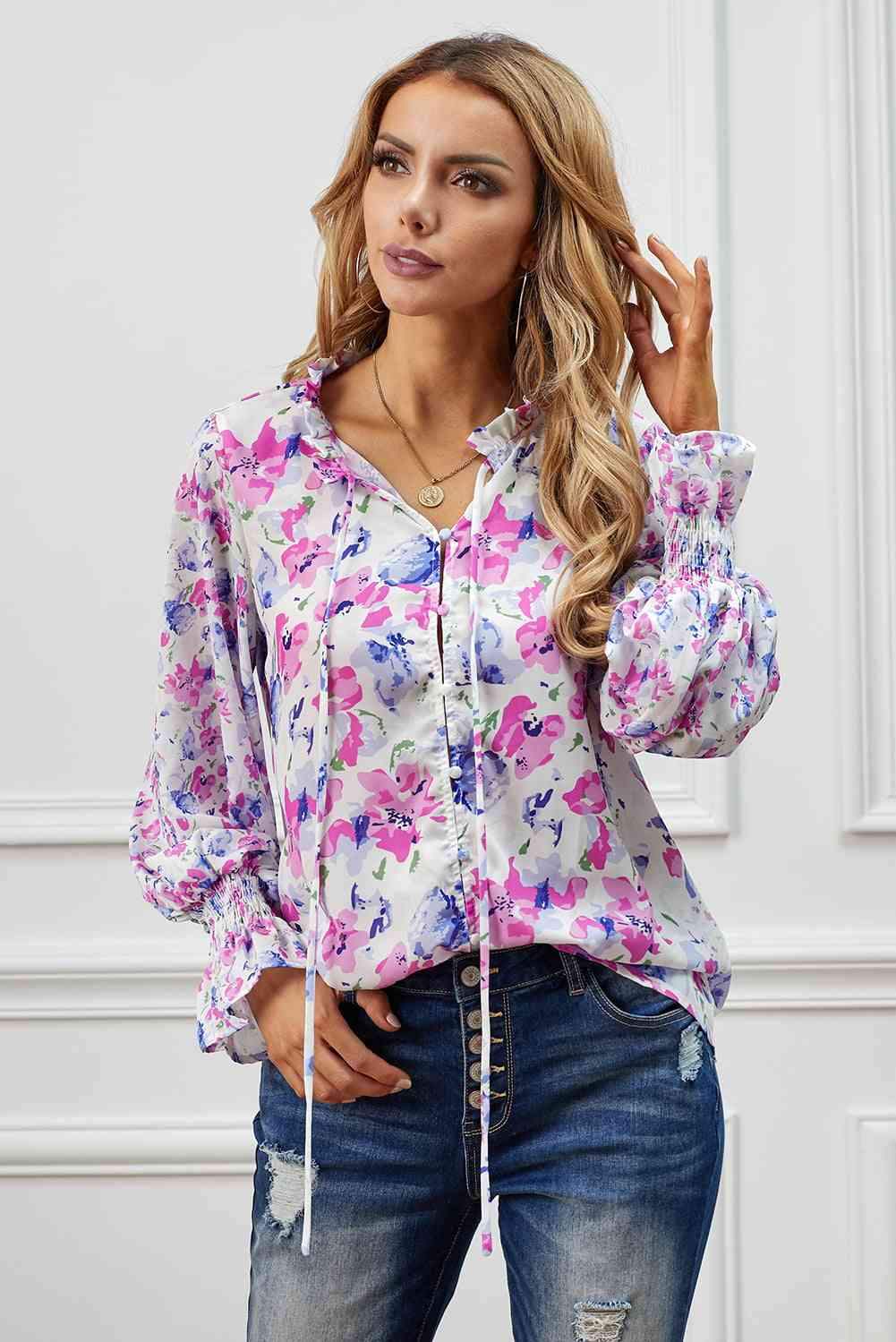 Floral Frill Trim Tie Neck Flounce Sleeve Blouse Lavender Blouses - Tophatter Daily Deals