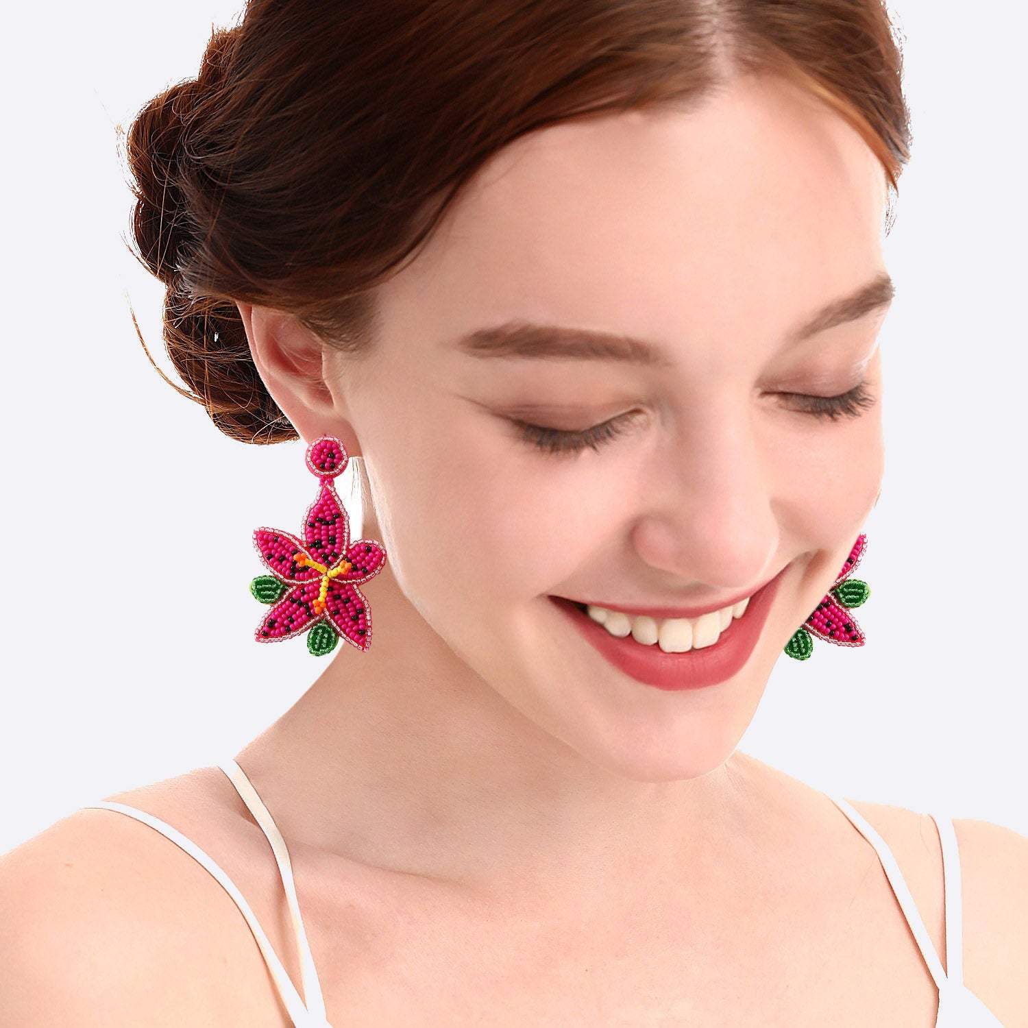 Bead Stainless Steel Flower Dangle Earrings Deep Rose One Size Earrings - Tophatter Daily Deals