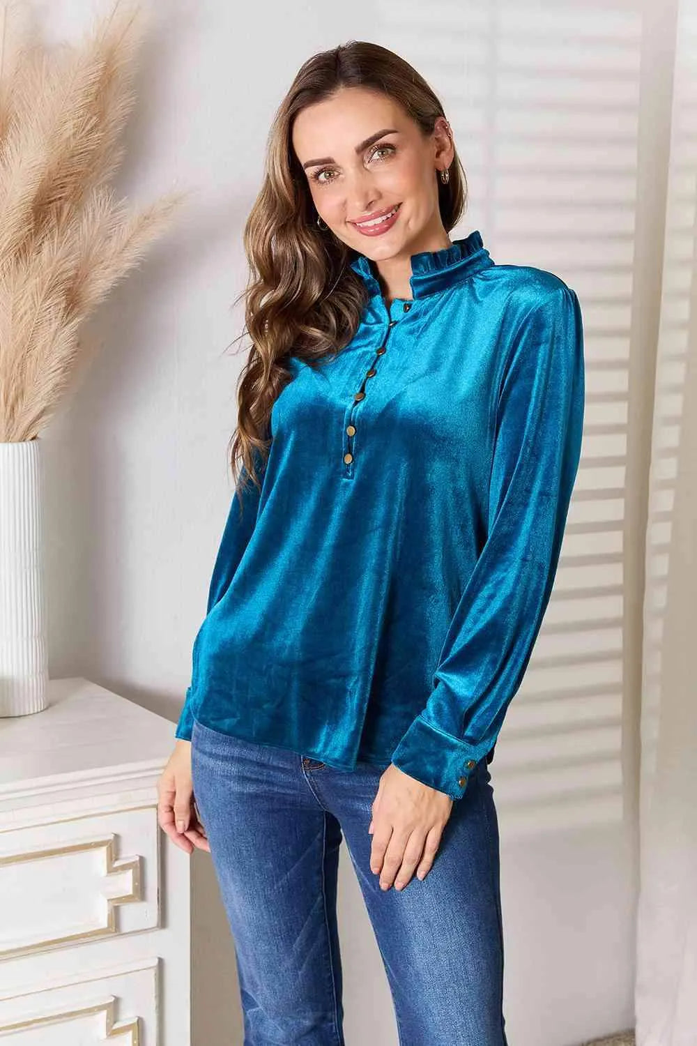 Double Take Notched Neck Buttoned Long Sleeve Blouse Blouses - Tophatter Daily Deals