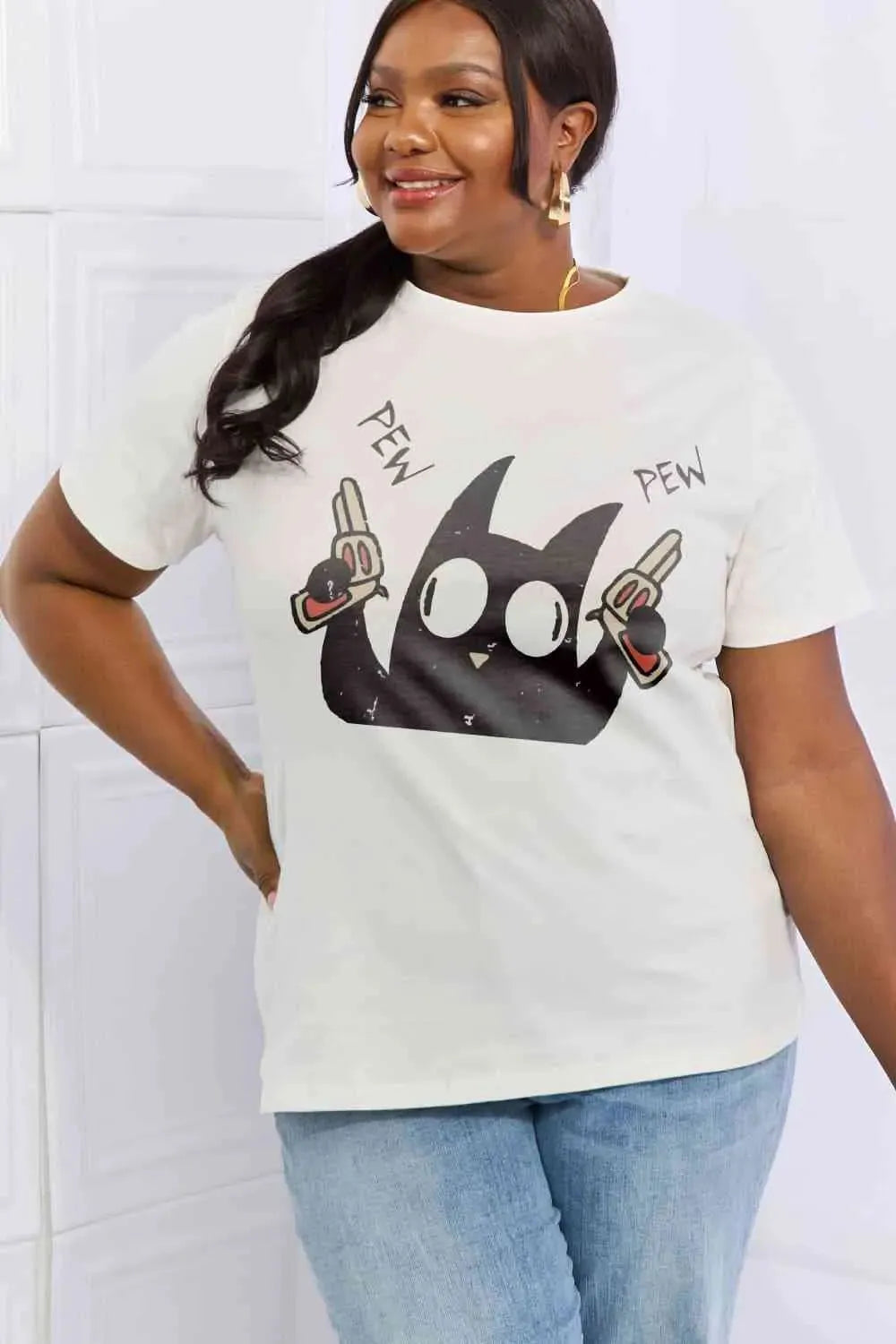 Simply Love Full Size PEW PEW Graphic Cotton Tee Women's T-Shirts - Tophatter Daily Deals