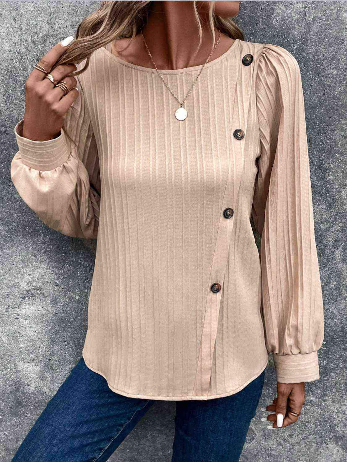 Buttoned Ribbed Puff Sleeve Top Blouses - Tophatter Daily Deals