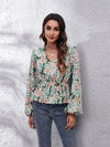 Floral V-Neck Balloon Sleeve Peplum Blouse Green Blouses - Tophatter Daily Deals