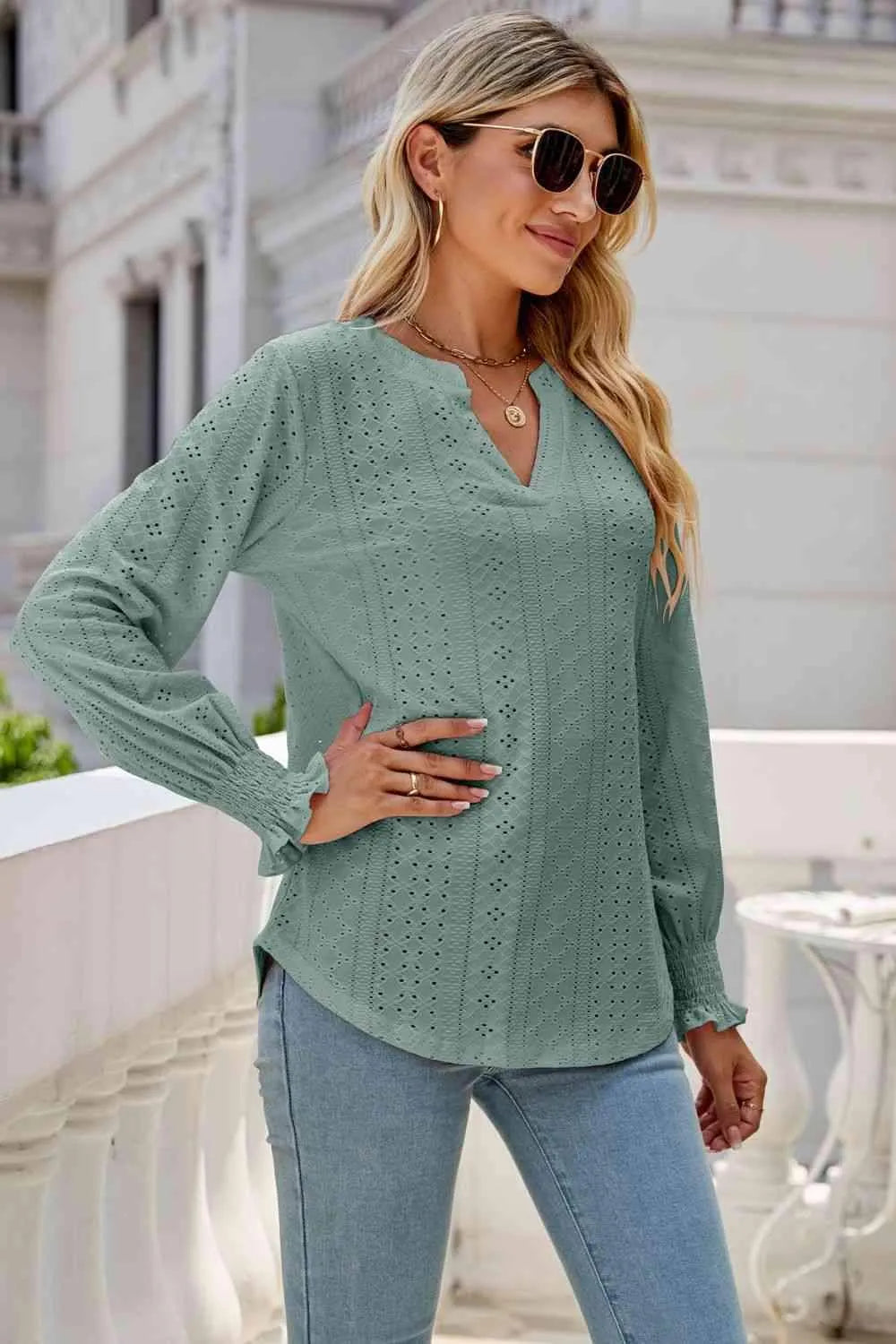 Notched Flounce Sleeve Eyelet Top Blouses - Tophatter Daily Deals