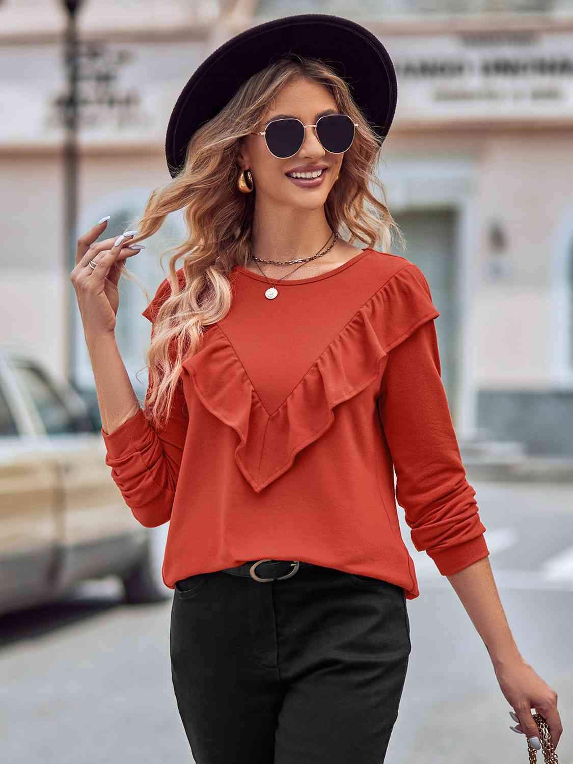 Ruffled Round Neck Long Sleeve Top Blouses - Tophatter Daily Deals