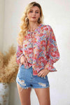 Floral Frill Trim Tie Neck Flounce Sleeve Blouse Deep Red Blouses - Tophatter Daily Deals