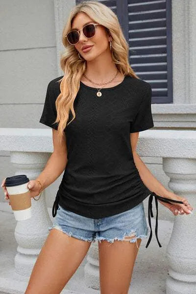 Eyelet Round Neck Short Sleeve T-Shirt Women's T-Shirts - Tophatter Daily Deals
