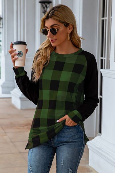 Plaid Round Neck Long Sleeve T-Shirt Women's T-Shirts - Tophatter Daily Deals