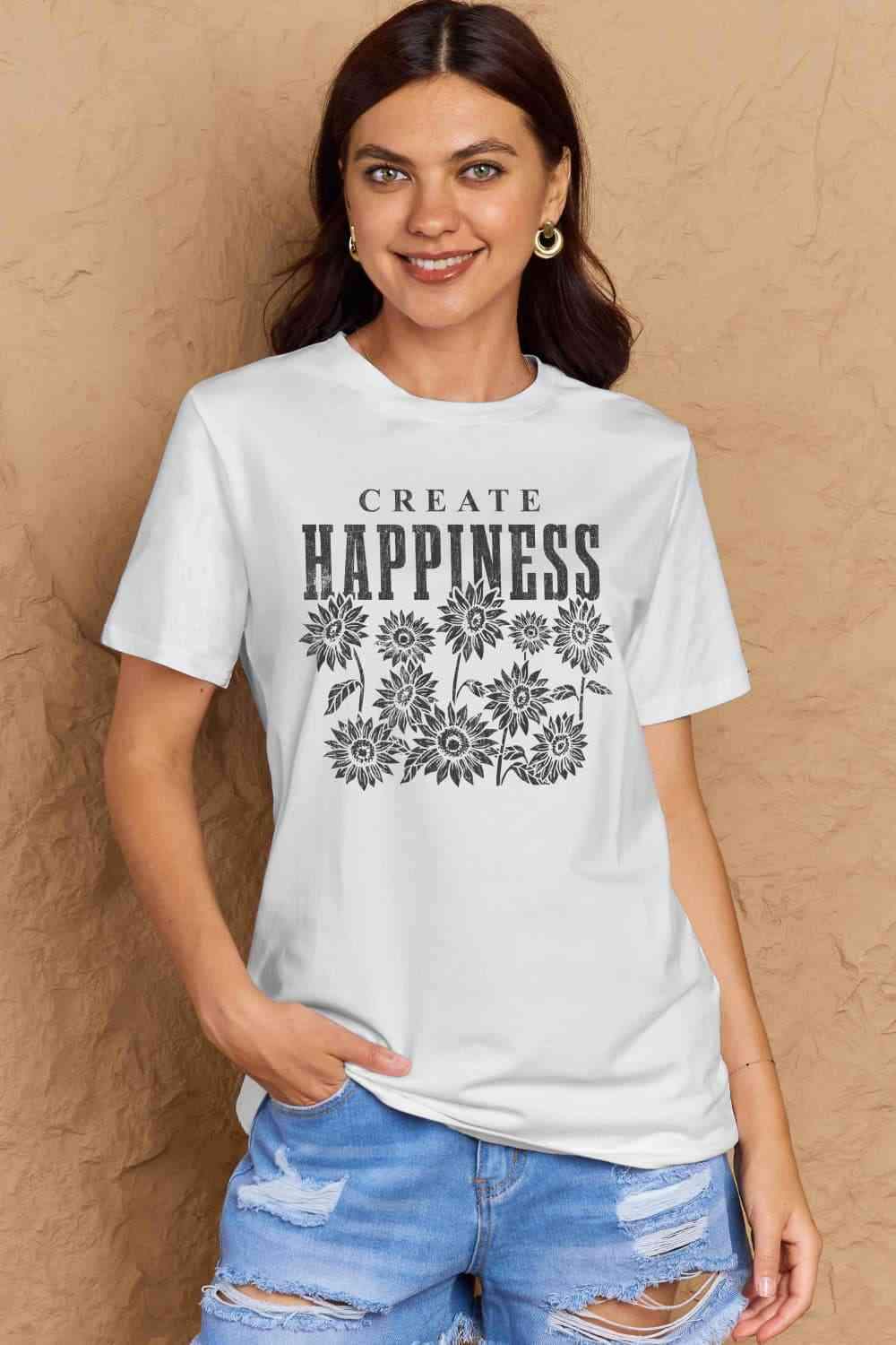 Simply Love Full Size CREATE HAPPINESS Graphic Cotton T-Shirt Bleach Women's T-Shirts - Tophatter Daily Deals