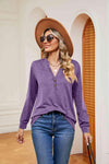 Buttoned Notched Neck Long Sleeve Top Blouses - Tophatter Daily Deals