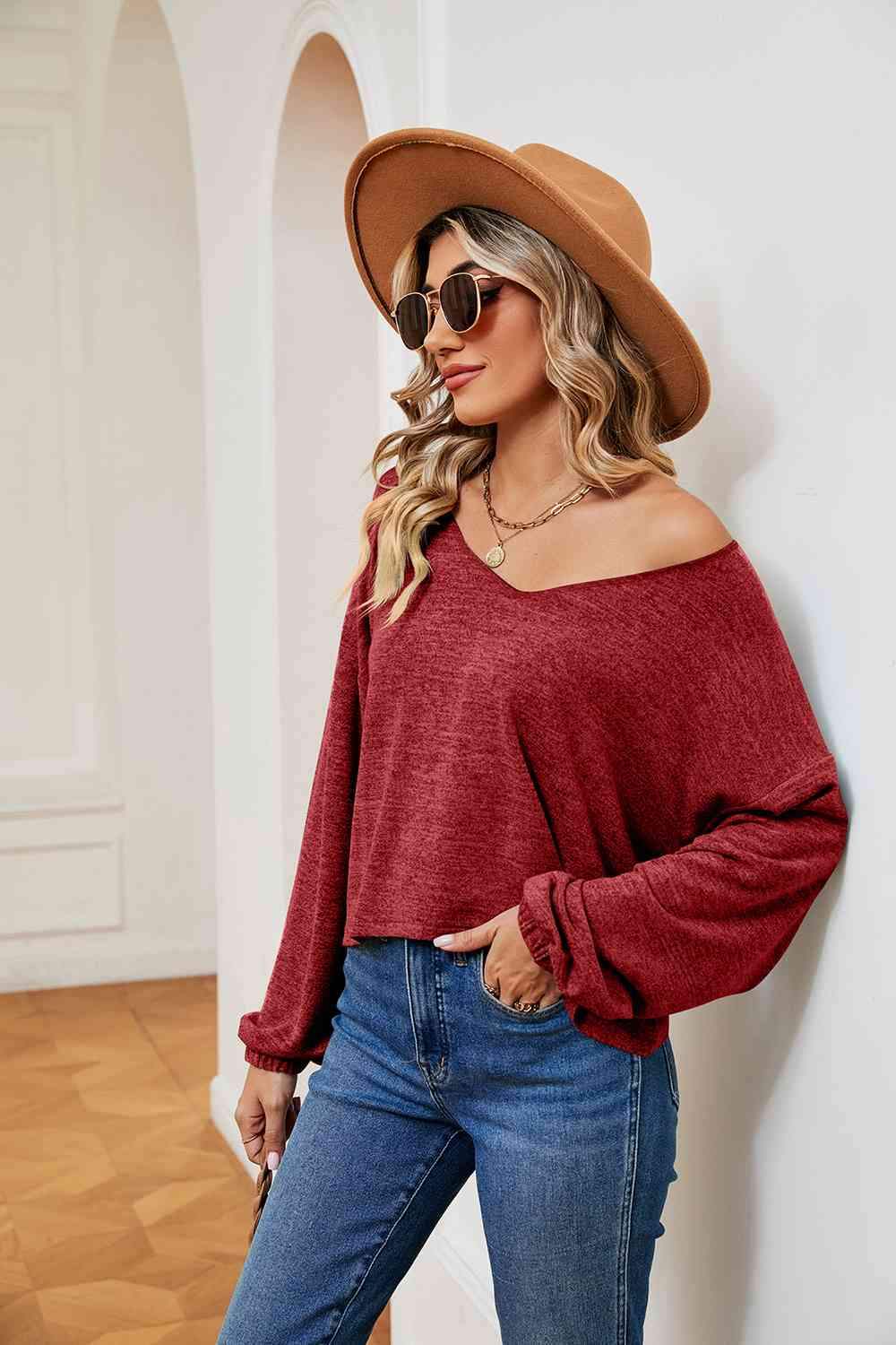 V-Neck Long Sleeve Top Blouses - Tophatter Daily Deals