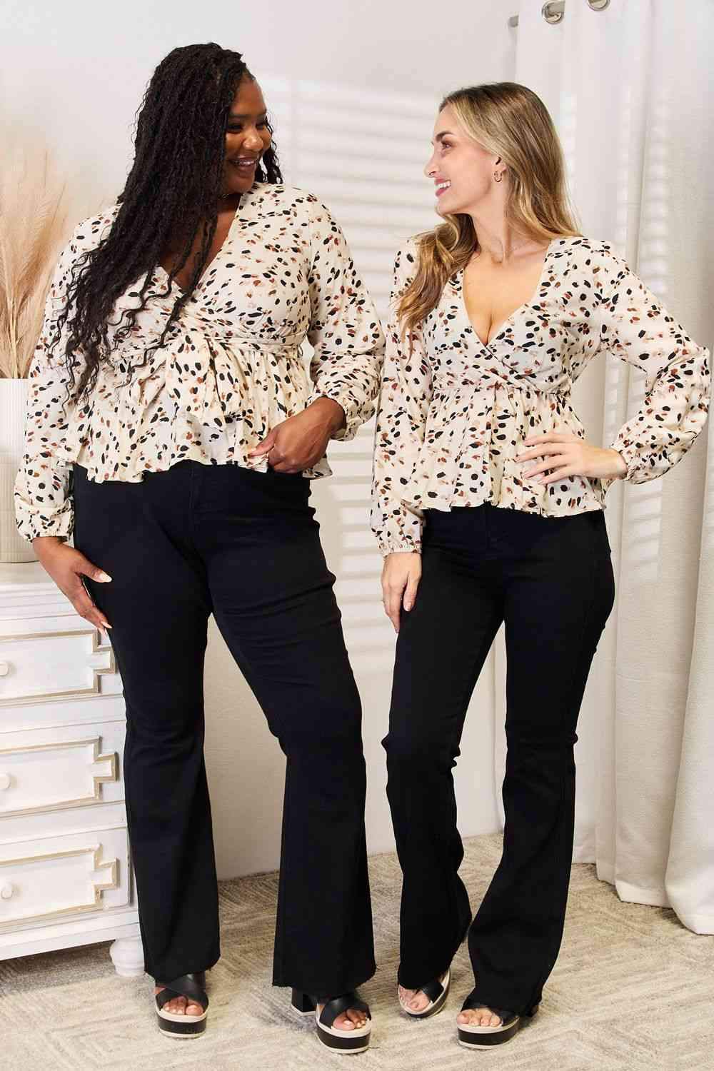 Double Take Printed Tied Plunge Peplum Blouse Cream Blouses - Tophatter Daily Deals