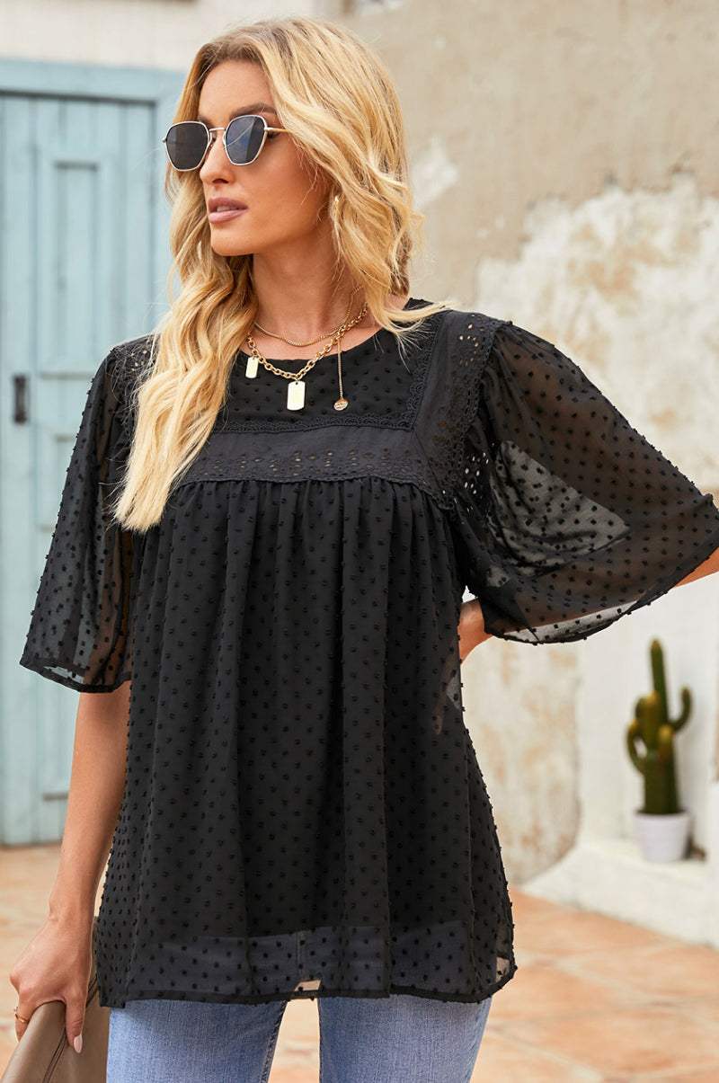 Flutter Sheer Sleeves Babydoll Top Black Blouses - Tophatter Daily Deals