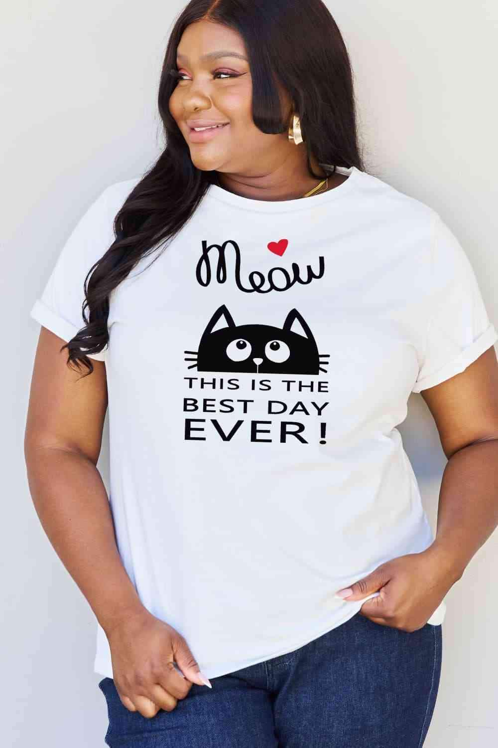 Simply Love Full Size MEOW THIS IS THE BEST DAY EVER! Graphic Cotton T-Shirt Women's T-Shirts - Tophatter Daily Deals