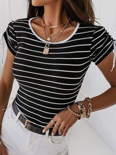 Striped Round Neck Drawstring Short Sleeve T-Shirt Black Women's T-Shirts - Tophatter Daily Deals