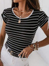 Striped Round Neck Drawstring Short Sleeve T-Shirt Black Women's T-Shirts - Tophatter Daily Deals