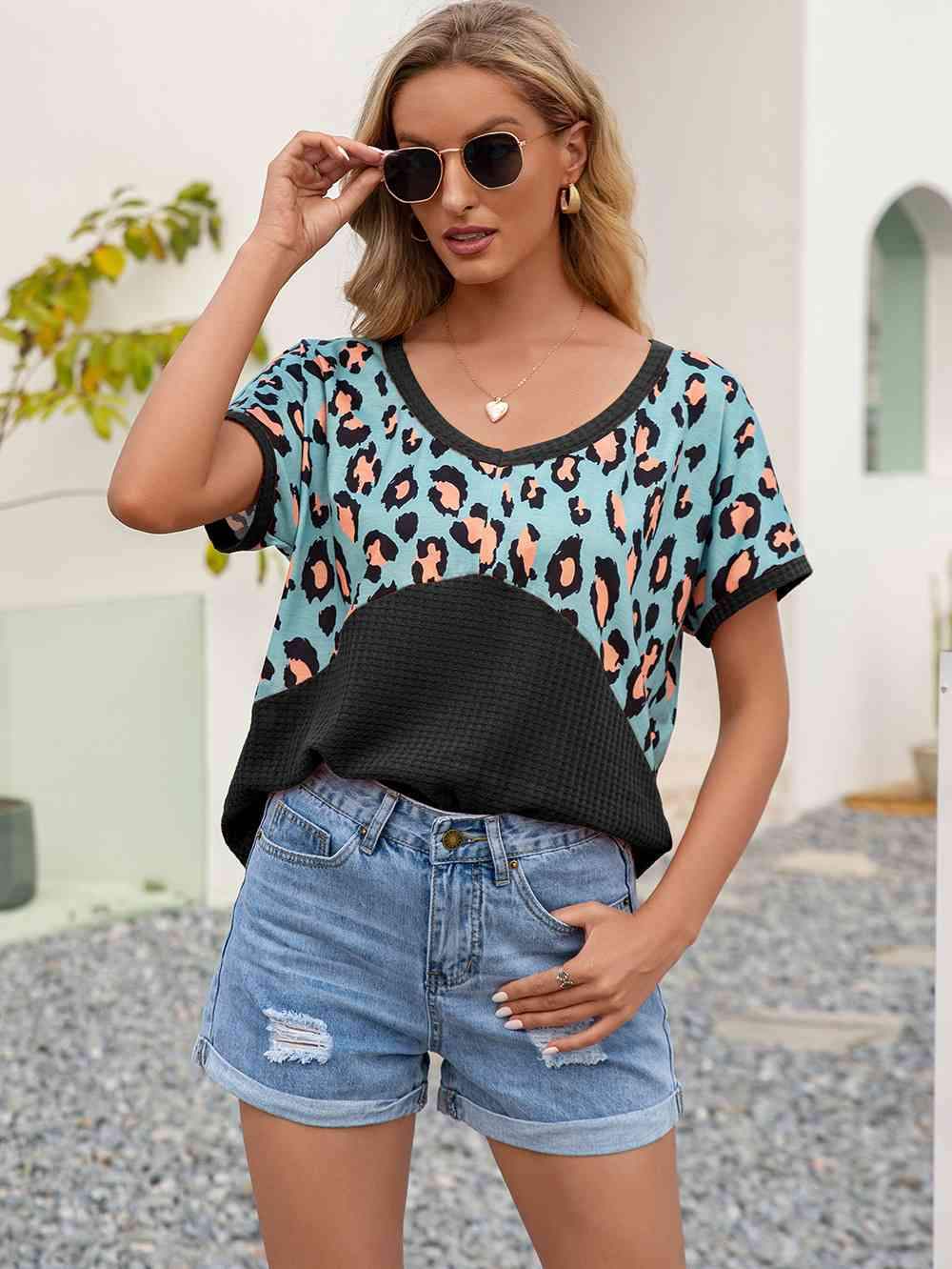 Leopard Waffle-Knit Short Sleeve Top Black Women's T-Shirts - Tophatter Daily Deals