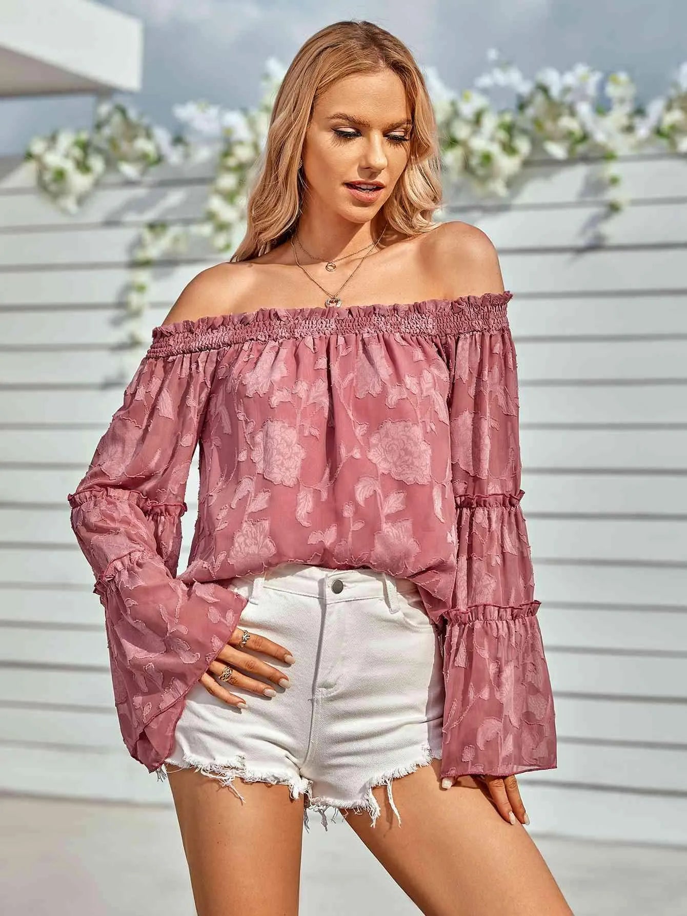 Applique Flounce Sleeve Off-Shoulder Blouse Light Mauve Blouses - Tophatter Daily Deals