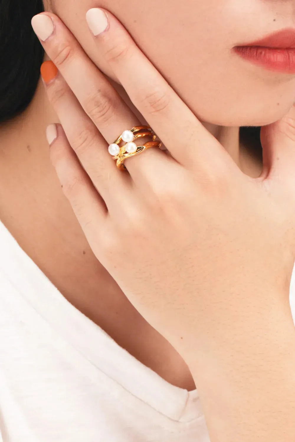 18K Gold-Plated Three Pearl Ring Rings - Tophatter Daily Deals