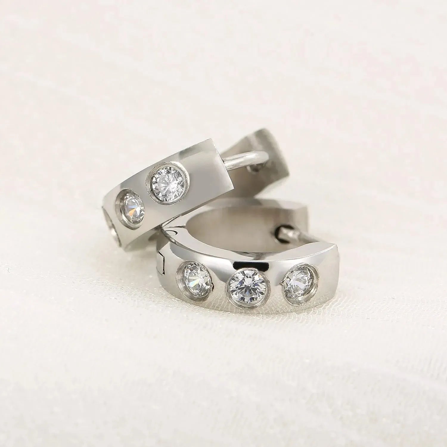 Stainless Steel Rhinestone Huggie Earrings Silver One Size Earrings - Tophatter Daily Deals