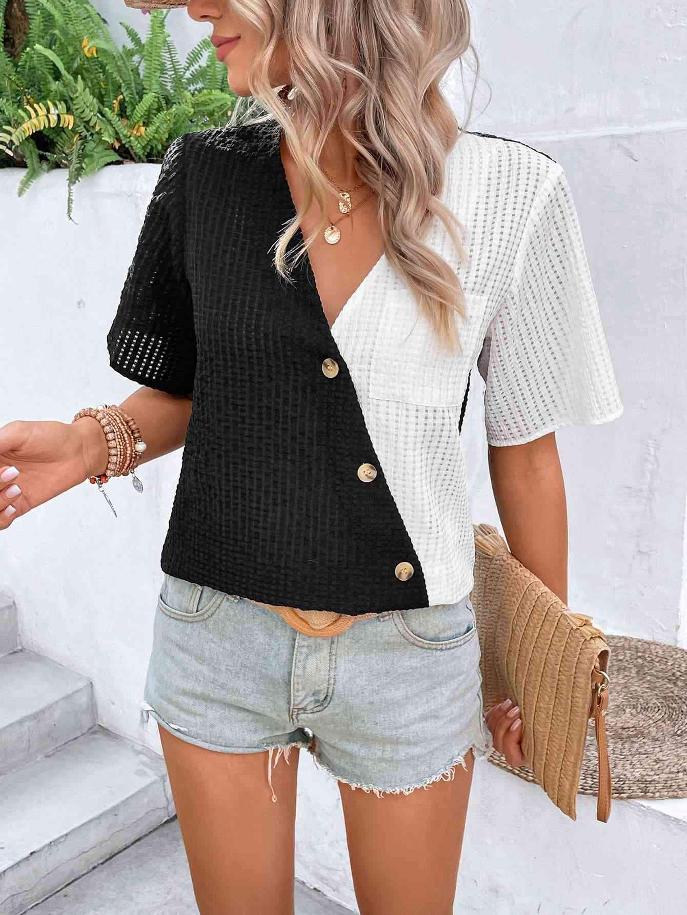 Two-Tone Buttoned Short Sleeve Top Blouses - Tophatter Daily Deals