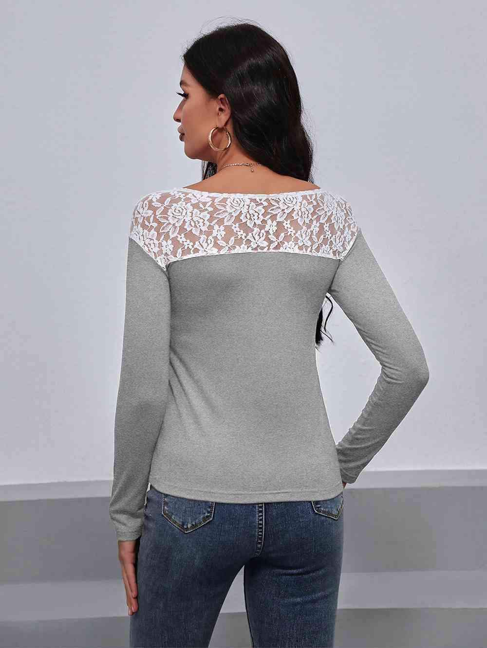 Lace Trim Long Sleeve Round Neck Tee Women's T-Shirts - Tophatter Daily Deals