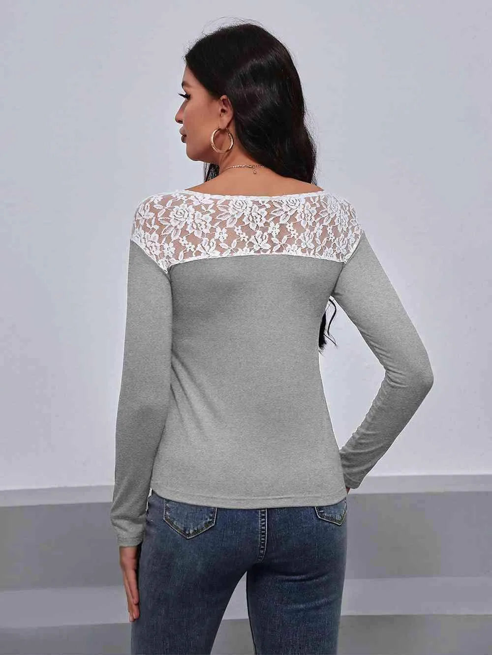 Lace Trim Long Sleeve Round Neck Tee Women's T-Shirts - Tophatter Daily Deals