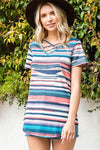 Crisscross Striped V-Neck Short Sleeve T-Shirt Multicolor Women's T-Shirts - Tophatter Daily Deals