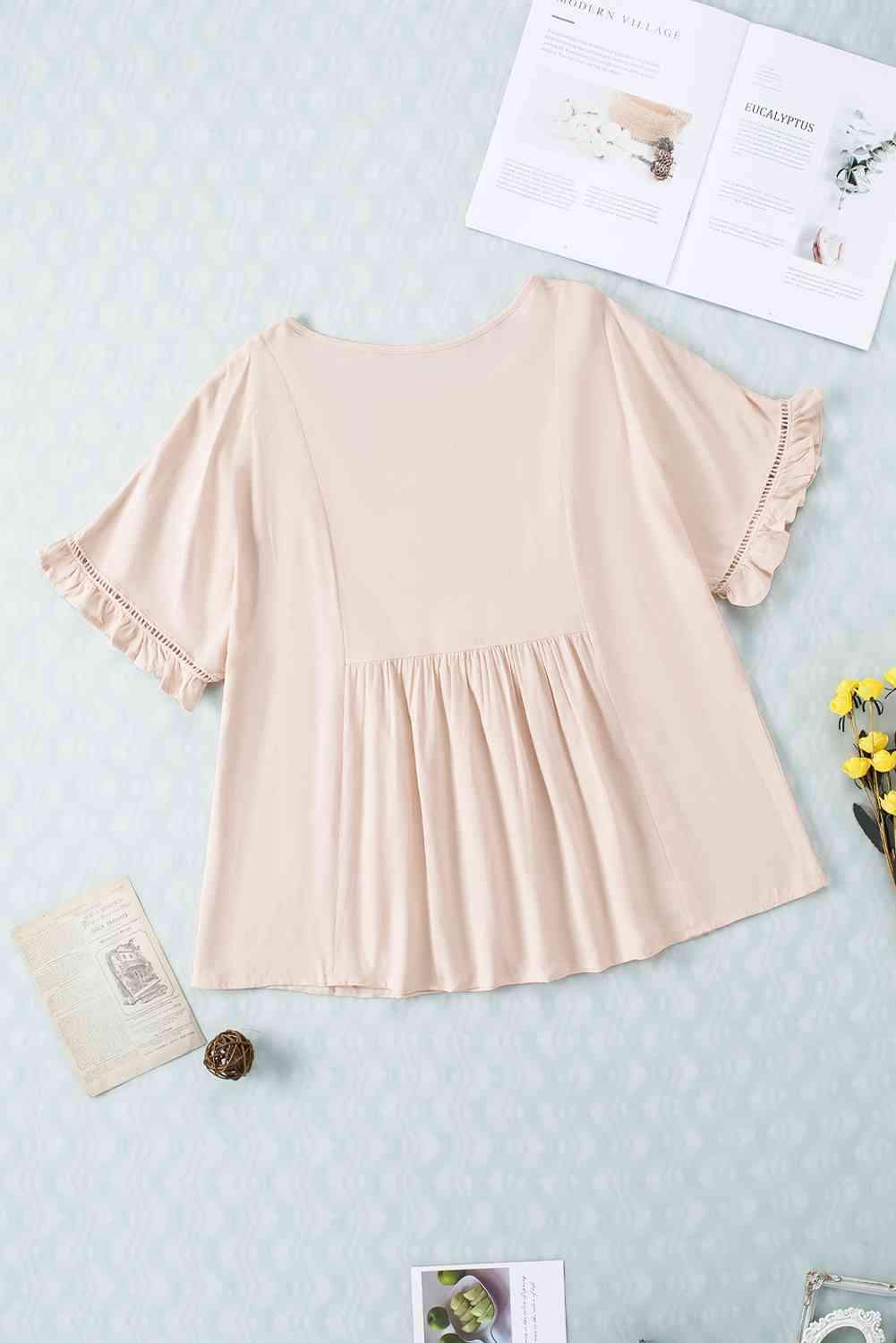 V-Neck Flounce Sleeve Babydoll Blouse Blouses - Tophatter Daily Deals