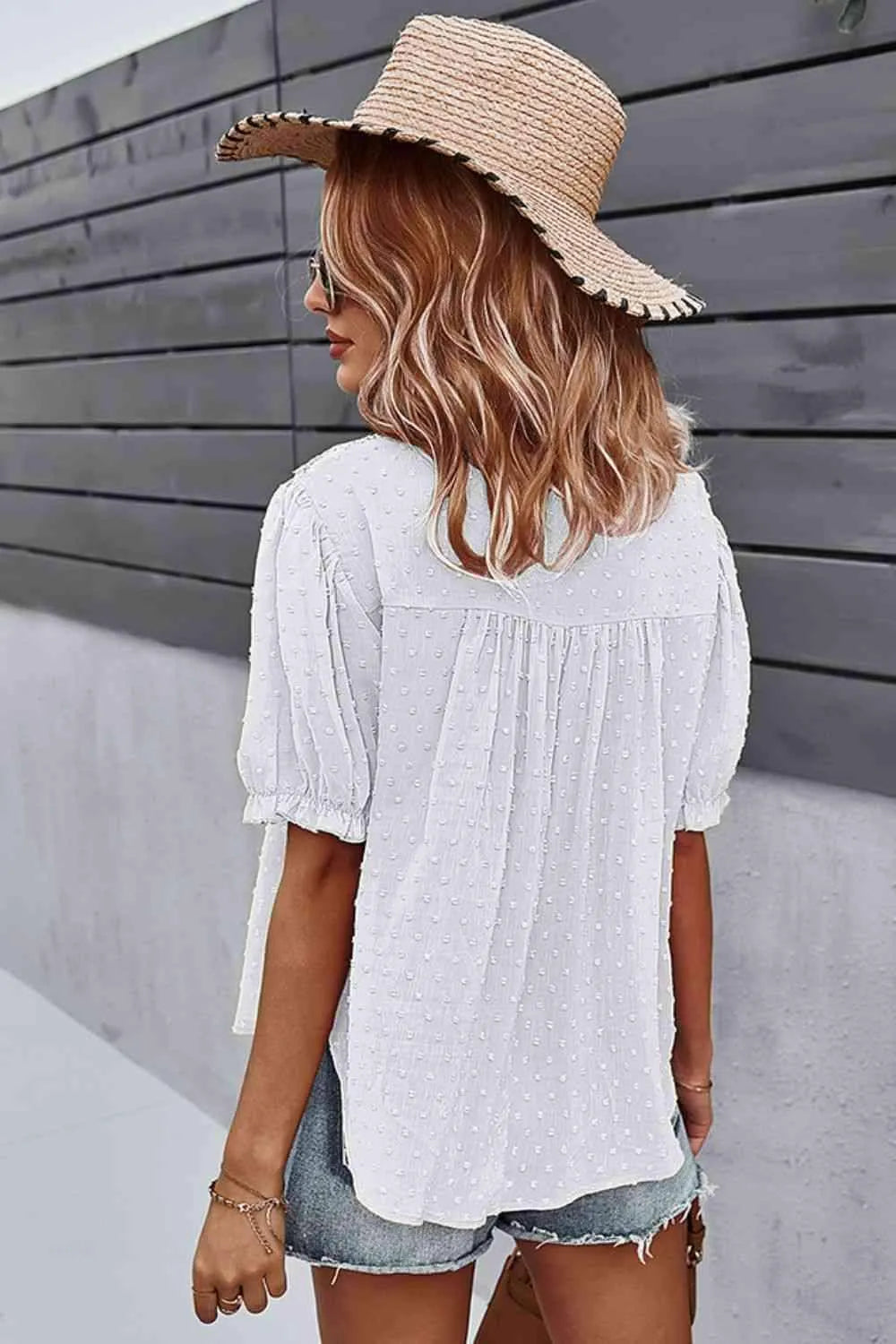 Swiss Dot V-Neck Flounce Sleeve Blouse Blouses - Tophatter Daily Deals