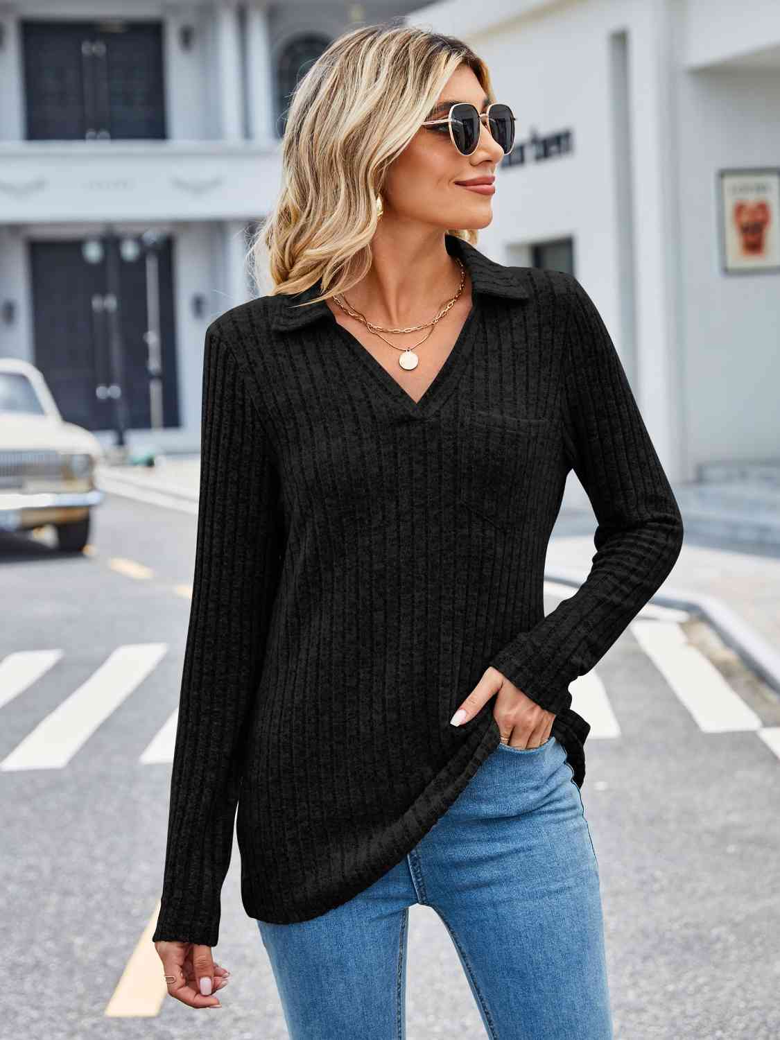 Ribbed Notched Long Sleeve T-Shirt with Pocket Black Women's T-Shirts - Tophatter Daily Deals