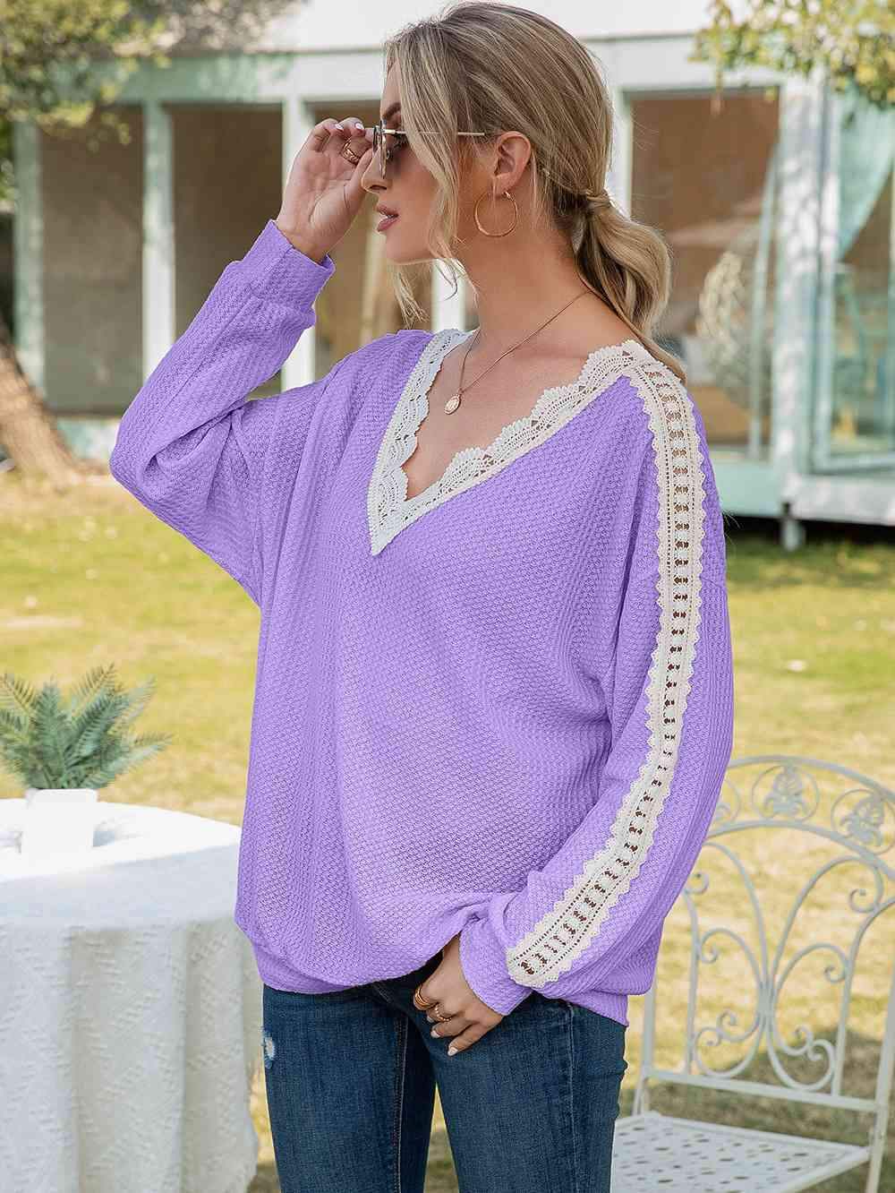 Contrast Spliced Lace V-Neck Top Lavender Blouses - Tophatter Daily Deals