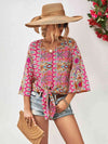 Tie Hem V-Neck Three-Quarter Sleeve Blouse Hot Pink Blouses - Tophatter Daily Deals