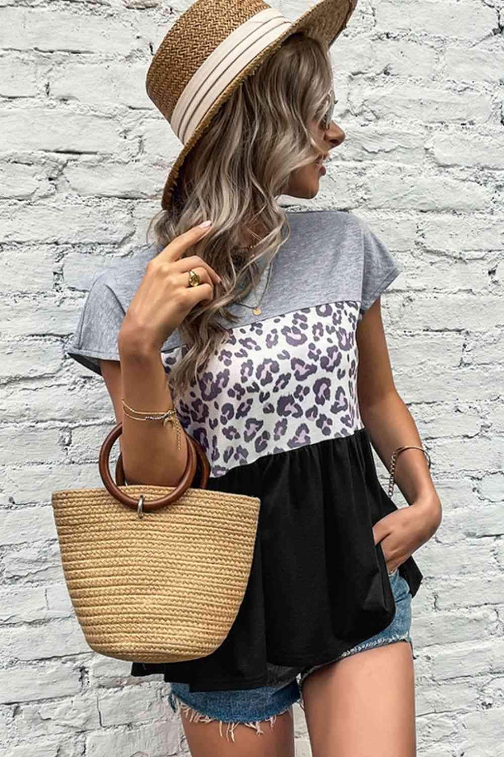 Leopard Color Block Babydoll Tee Shirt Blouses - Tophatter Daily Deals