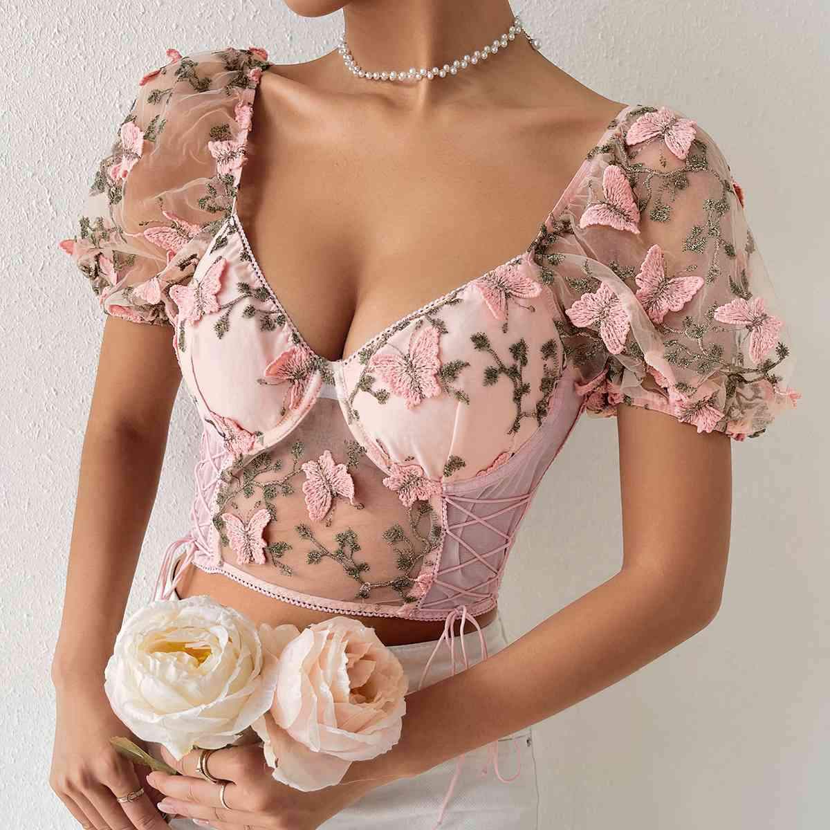 Embroidery Sweetheart Neck Short Sleeve Lace Trim Blouse Blush Pink Blouses - Tophatter Daily Deals