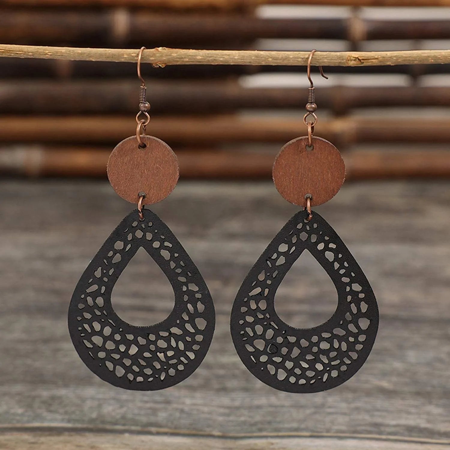 Hollowed Wooden Teardrop Earrings Black One Size Earrings - Tophatter Daily Deals