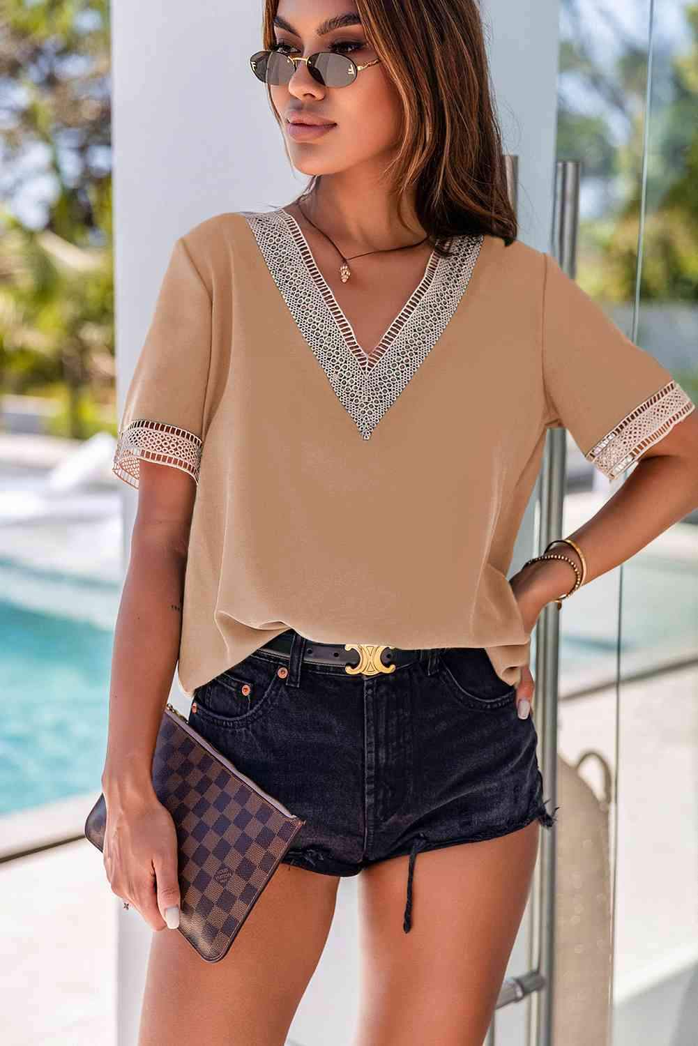 Contrast V-Neck Blouse Tan Blouses - Tophatter Daily Deals