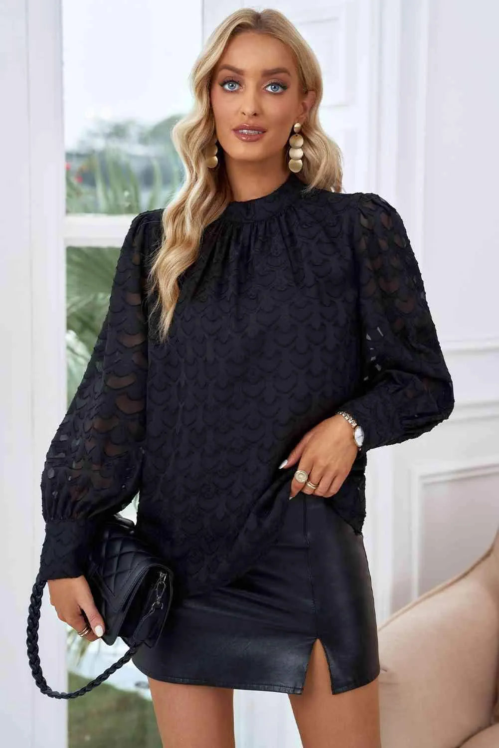 Crewneck Long Puff Sleeve Top Blouses - Tophatter Daily Deals