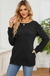 Ruched Round Neck Long Sleeve T-Shirt Black Women's T-Shirts - Tophatter Daily Deals