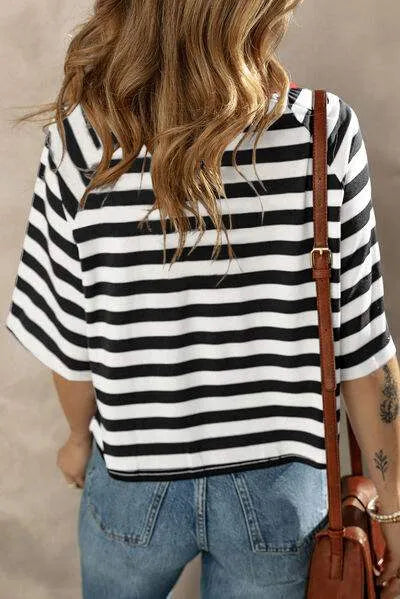Striped Round Neck Raglan Sleeve T-Shirt Women's T-Shirts - Tophatter Daily Deals